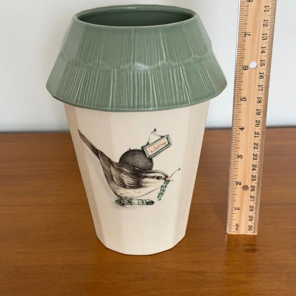 Pfaltzgraff Naturewood Earthy Green and Cream Bird Utensil Holder